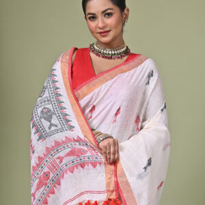 Matsyakanya handwoven linen Jamdani saree with traditional fish motifs