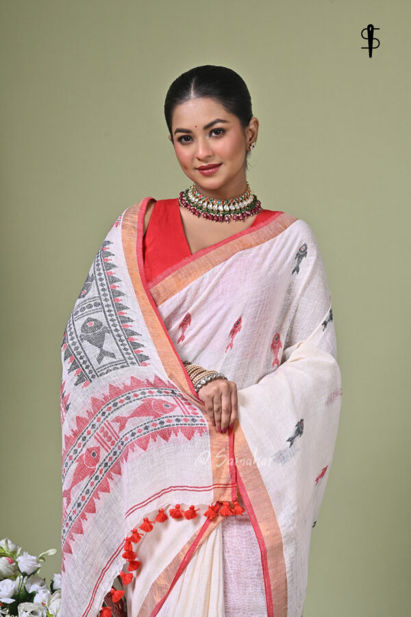 Matsyakanya (মৎস্যকন্যা) 1 Matsyakanya handwoven linen Jamdani saree with traditional fish motifs