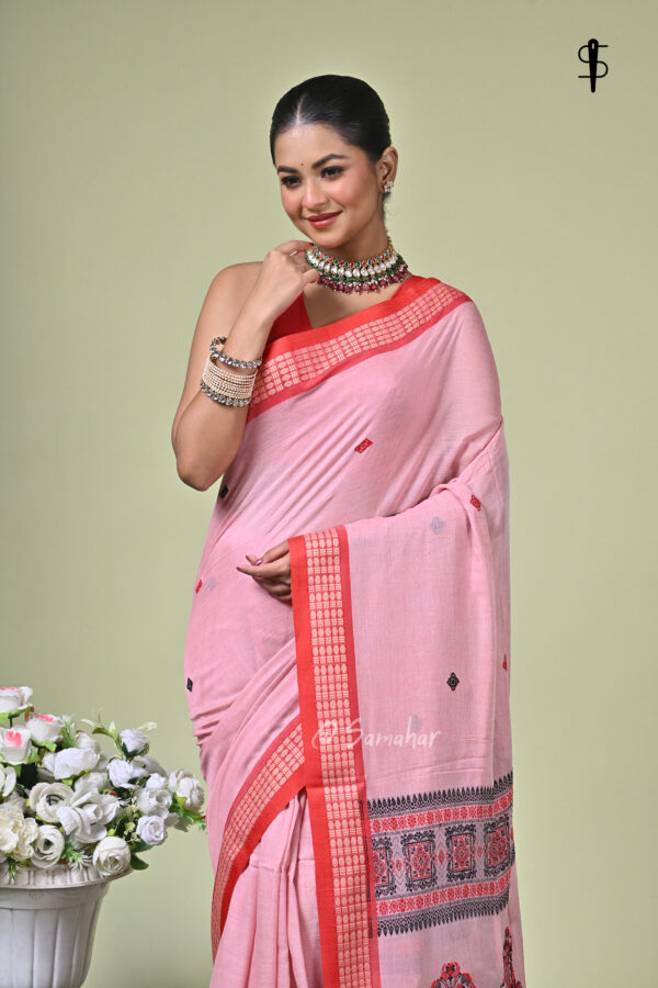 Gulbadan handwoven Bomkai Mul cotton saree in rosy pink
