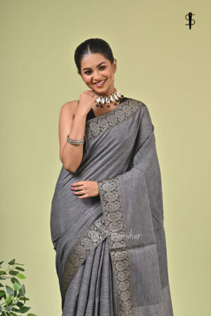 Nisha handwoven charcoal grey cotton saree