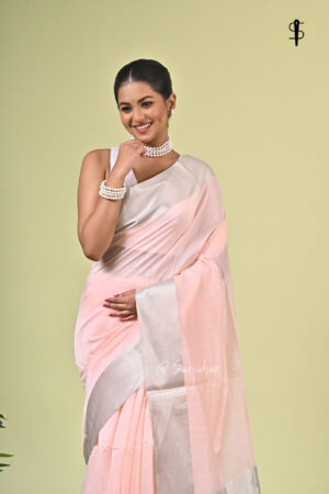 Minima I handwoven pure cotton saree in light pink and silver grey with silk border