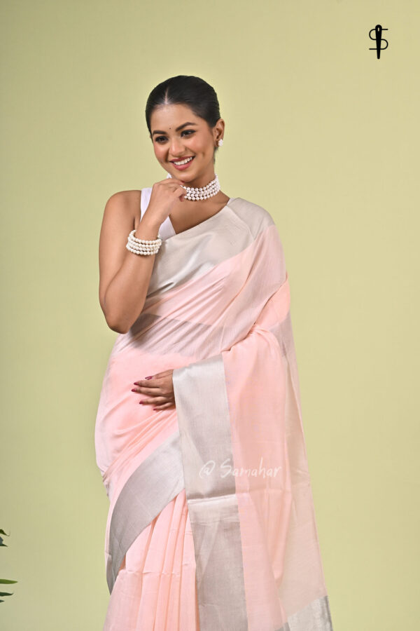 Minima I handwoven pure cotton saree in light pink and silver grey with silk border