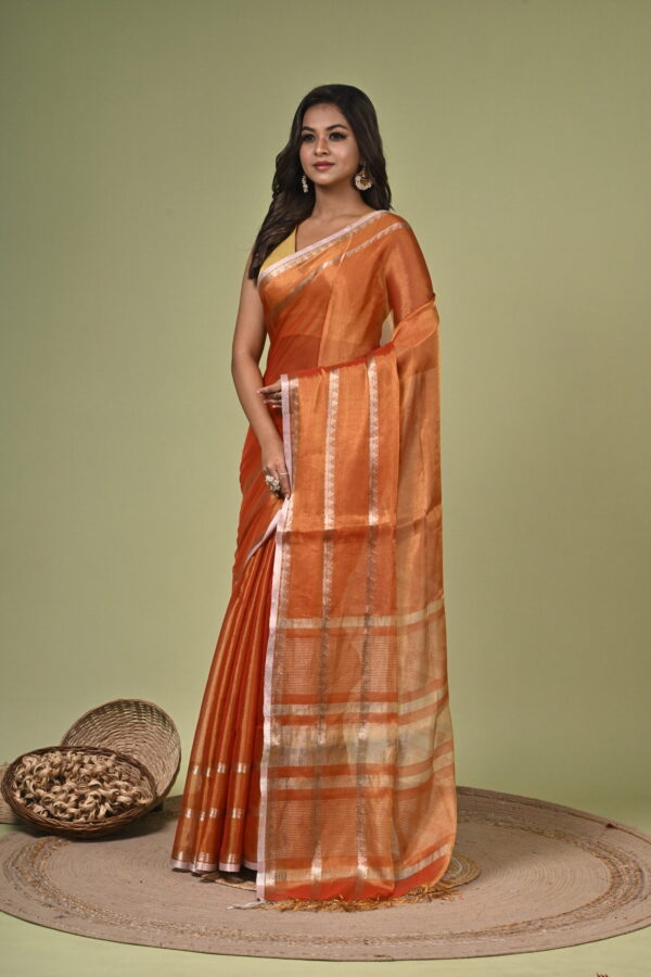Kanakprabha (কনকপ্রভা) - Pure Tissue Silk Saree with Metallic Zari 1 Kanakprabha burnt orange pure tissue silk saree with metallic zari