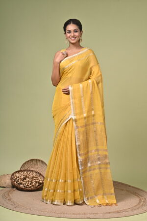 Hiranmayi golden yellow pure tissue silk saree with metallic zari