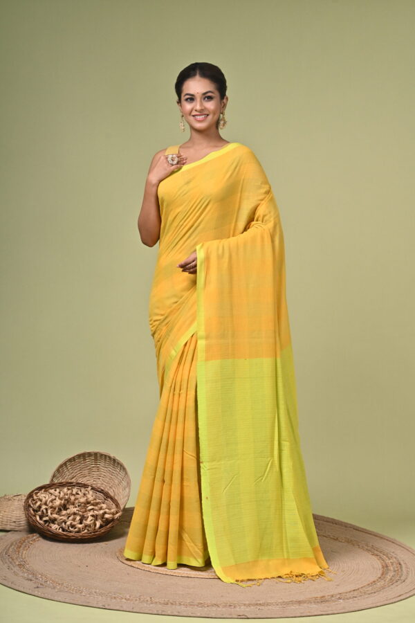 Kanaklata (কনকলতা) - Pure Cotton Checked Saree 1 Kanaklata pure cotton checked saree in turmeric yellow and lime green