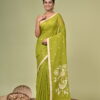 Kuhu pure cotton handloom saree in olive green with ivory bird motifs