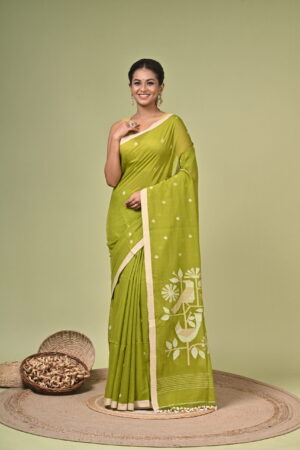 Kuhu pure cotton handloom saree in olive green with ivory bird motifs