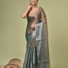 Sanjhbati (সাঁঝবাতি) - Pure Tissue Silk Saree with Metallic Zari 5 Sanjhbati pure tissue silk saree in deep teal green with metallic zari and bronze-gold pallu