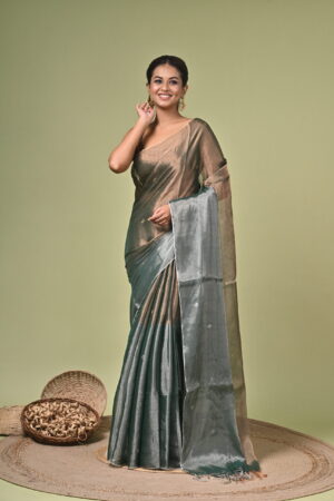 Sanjhbati pure tissue silk saree in deep teal green with metallic zari and bronze-gold pallu