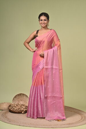 Arunima pure tissue silk saree in rose pink with peach-gold metallic zari