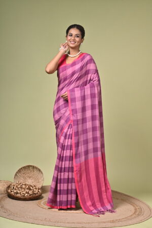 Madhumalati pure cotton checked saree in mauve, plum and coral pink