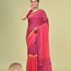 Gulmohar raspberry pink and plum pure linen mock-leno saree