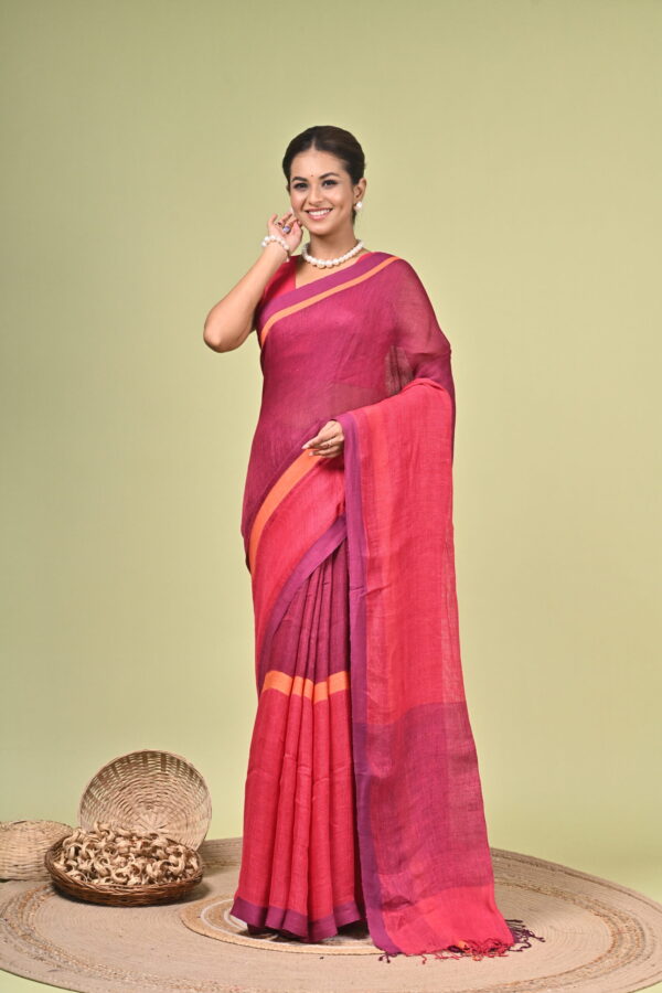 Gulmohar raspberry pink and plum pure linen mock-leno saree