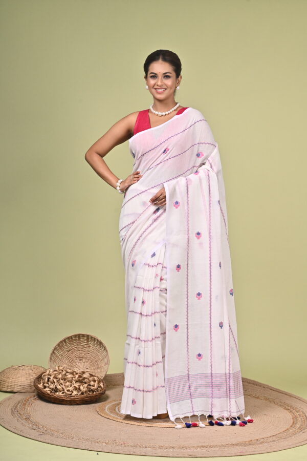 Jyotsna (জ্যোৎস্না) - White Pure Cotton Handloom Saree 1 Jyotsna white pure cotton handloom saree with pink and indigo detailing
