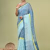 Urmi (উর্মি) - Pure Linen Saree in Mock-Leno Weave 6 Urmi blue pure linen mock-leno saree with lime yellow accent