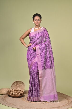 Jamini silk cotton warp-printed saree in lavender purple with violet motifs