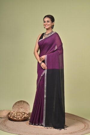 Jugalbandi purple and black pure cotton handloom saree
