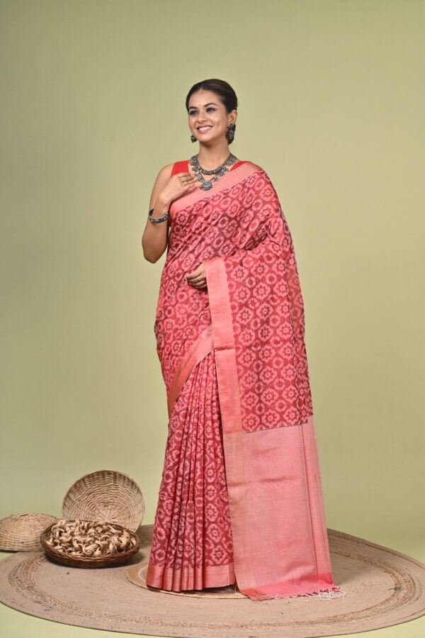 Rangsutra - Silk Cotton Warp-Printed Saree 1 Rangsutra silk cotton warp-printed saree in coral pink with wine-maroon woven pattern