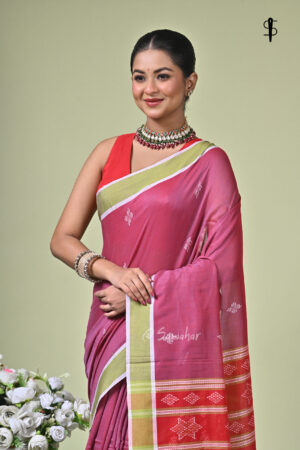 Karukatha pure cotton handloom saree in dusty rose with olive green border and Kantha-style motifs