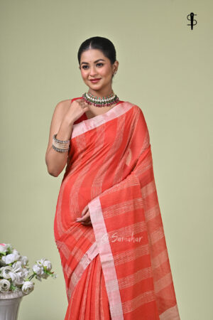 Palashi pure cotton muted red saree with jute work stripes and silk borders