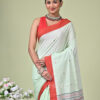 Pallabi handwoven pure cotton Bishnupuri saree in soft green with red and black Naksha