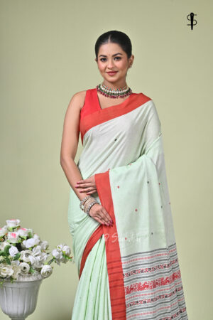 Pallabi handwoven pure cotton Bishnupuri saree in soft green with red and black Naksha