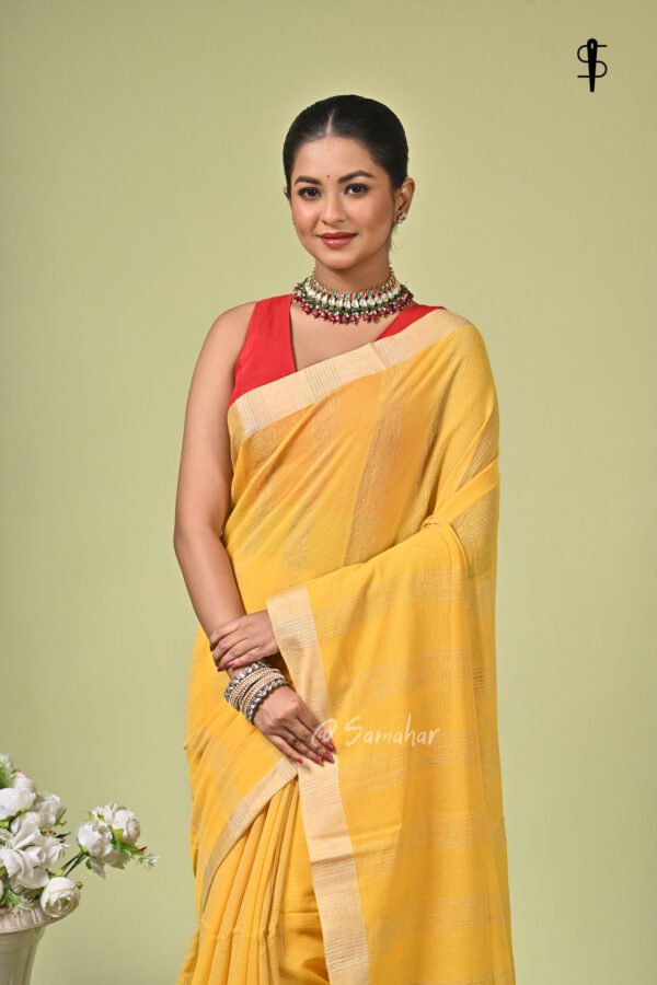 Sonajhuri (সোনাঝুরি) - Pure Cotton Saree with Jute Sections 1 Sonajhuri pure cotton yellow saree with jute work stripes and silk borders