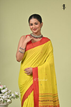 Roudrika handwoven pure cotton Bishnupuri saree in bright yellow with red and black Naksha