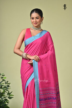 Rupkatha handwoven pure cotton Bishnupuri saree in soft pink with deep blue and sky blue Naksha