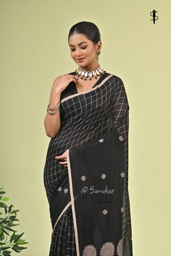 Krishnakoli pure cotton handwoven black saree with beige floral motifs