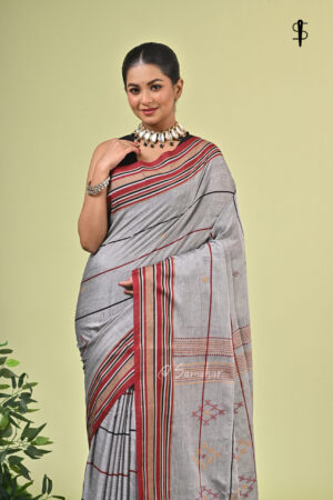 Chairenu pure cotton Manipuri saree in ash grey with maroon and black detailing
