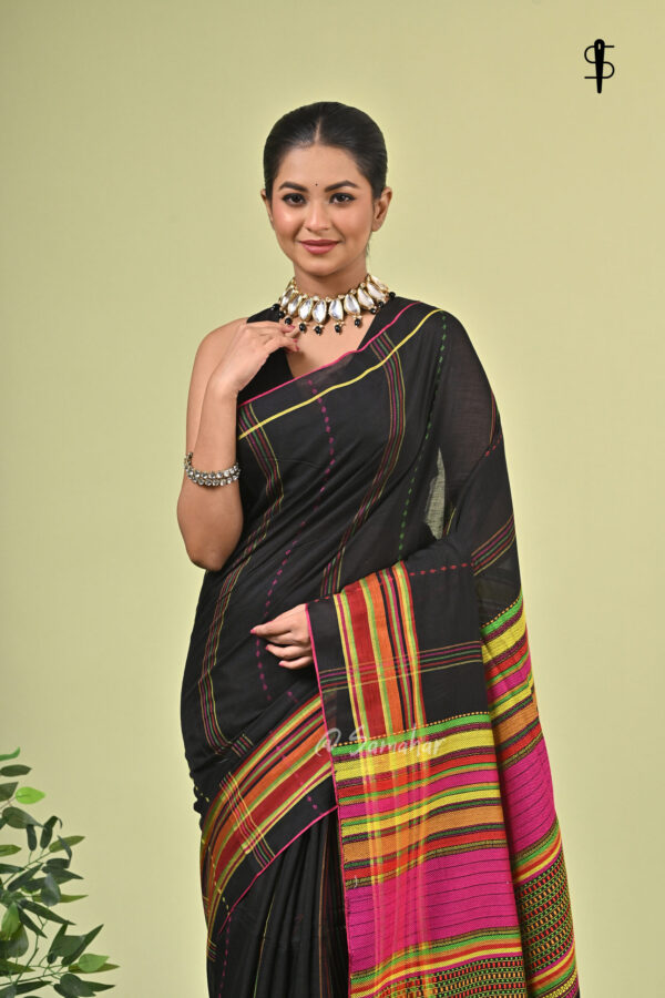 Rongmala (রঙমালা) – Handwoven Manipuri Cotton Saree 1 Rongmala handwoven Manipuri cotton saree in black with multicoloured woven detailing