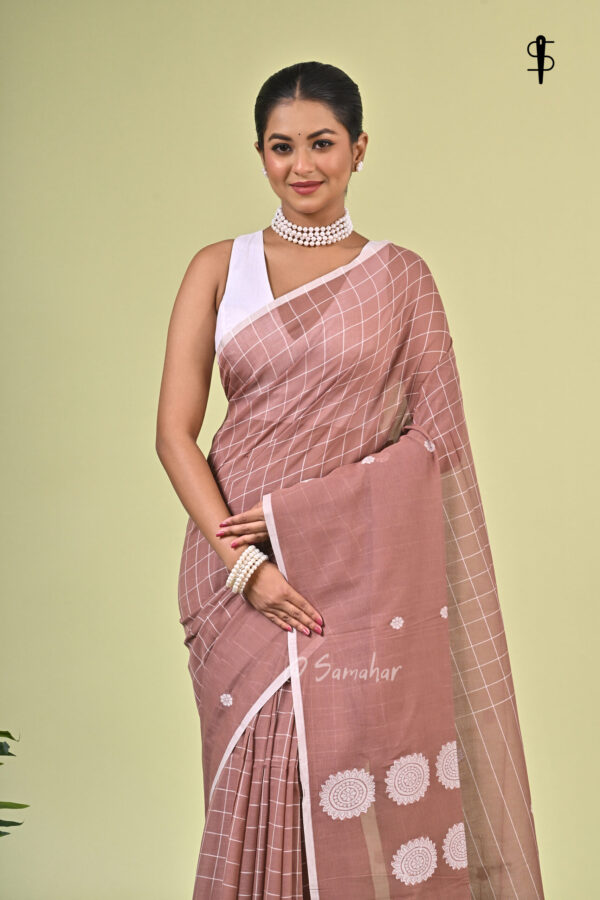 Mrittika (মৃত্তিকা) - Pure Cotton Handloom Saree 1 Mrittika pure cotton handwoven coffee saree with white geometric and floral detailing
